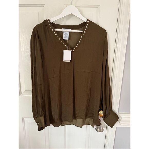 Carmen Marc Valvo Olive Brown Studded V-Neck Blouse sz XL NWT - Picture 1 of 6